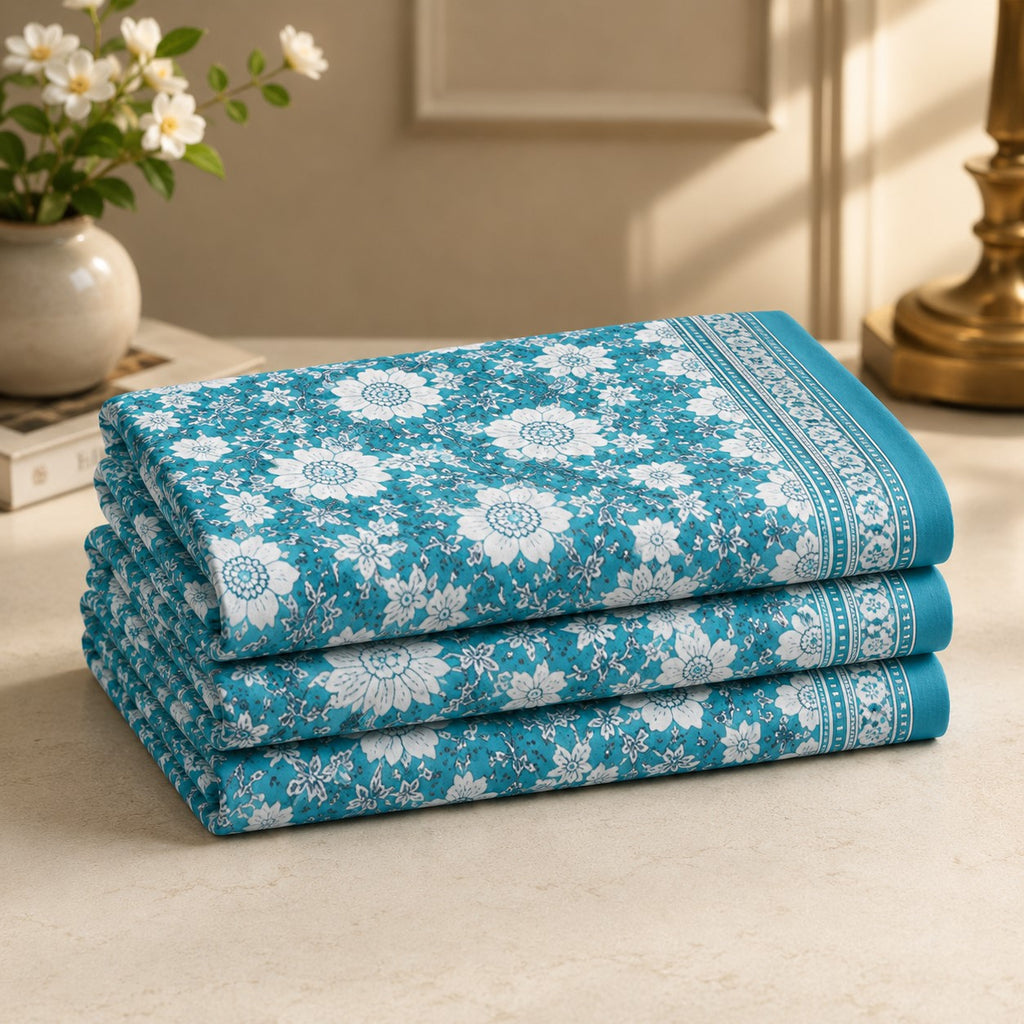 Teal Blue Ethnic Floral Jaal Pure Cotton King Size Bedsheet