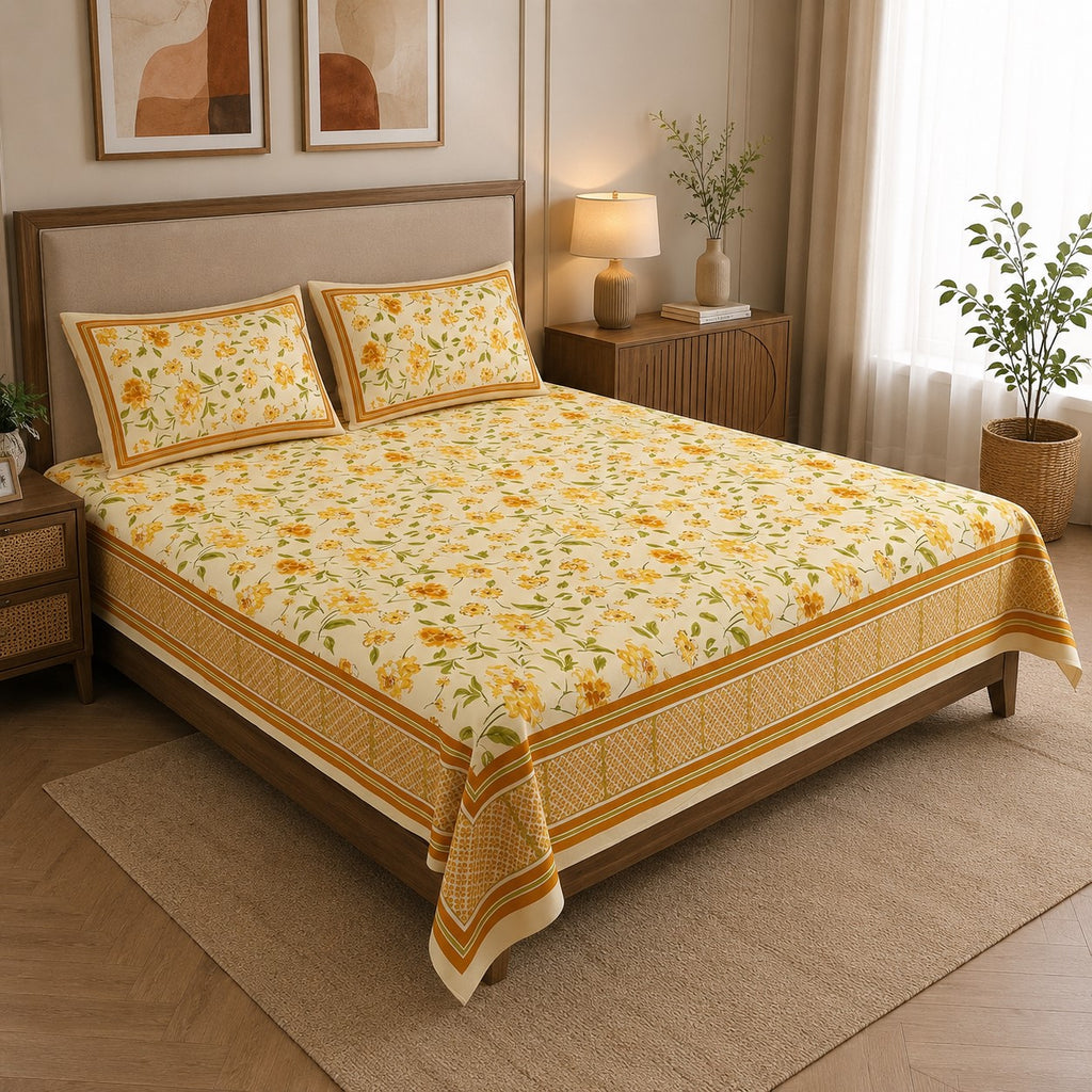 Golden Yellow Scattered Garden Floral Pure Cotton King Size Bedsheet