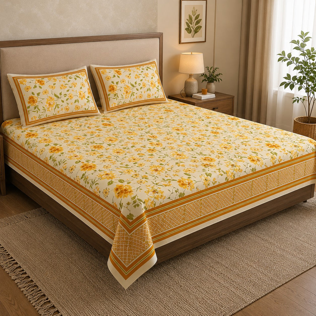 Golden Yellow Scattered Garden Floral Pure Cotton King Size Bedsheet