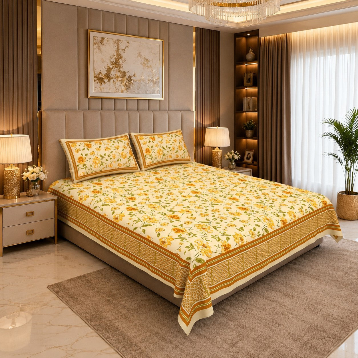 Golden Yellow Scattered Garden Floral Pure Cotton King Size Bedsheet