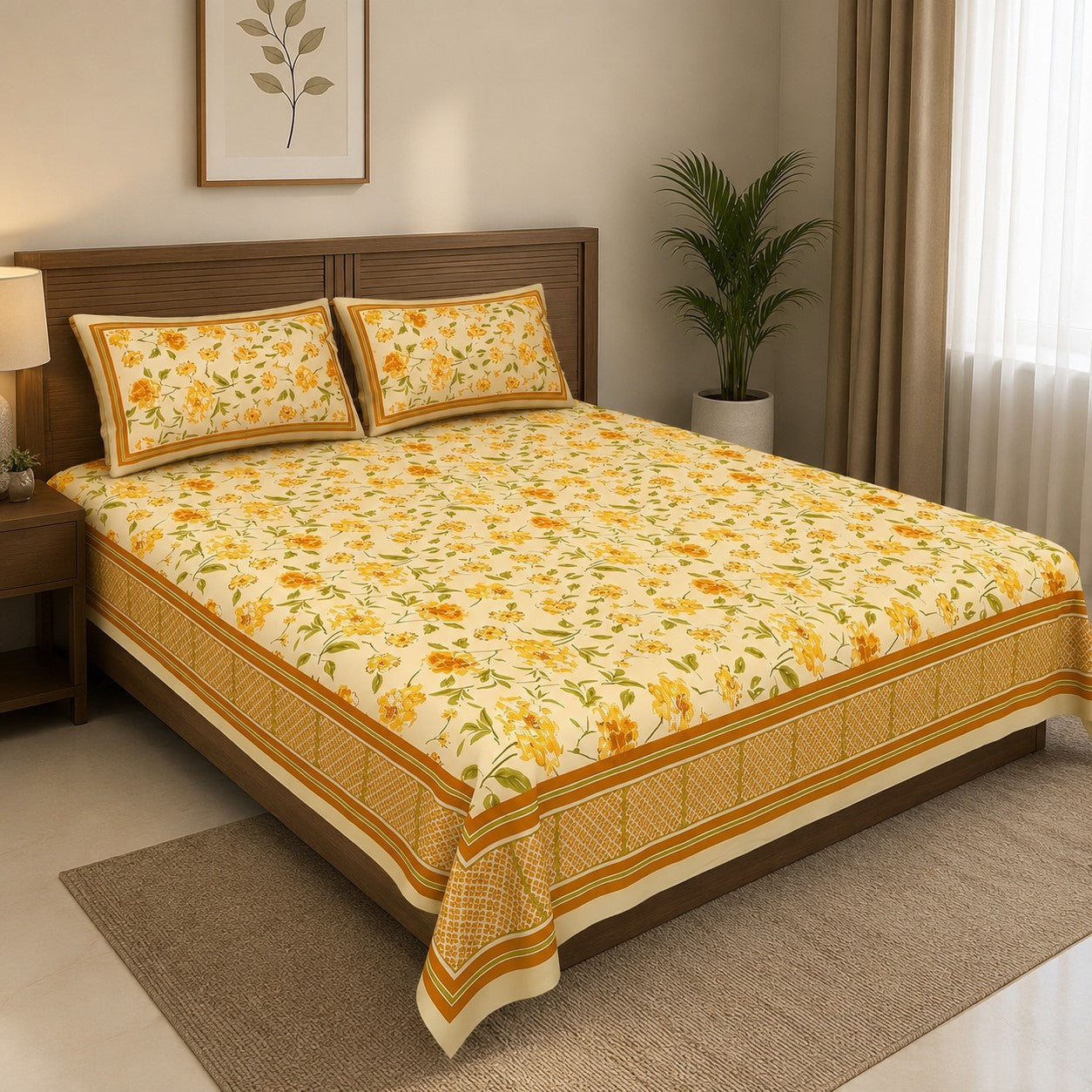 Golden Yellow Scattered Garden Floral Pure Cotton King Size Bedsheet