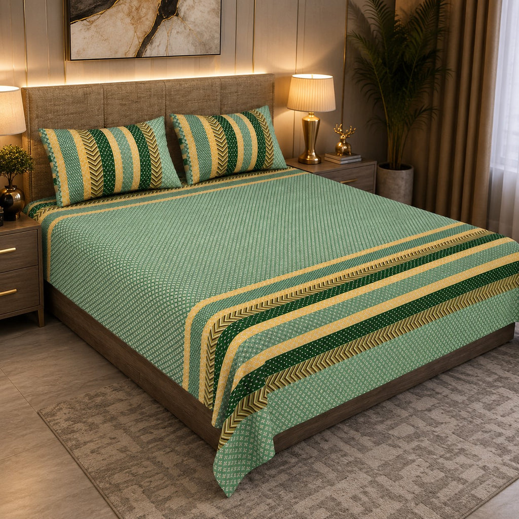 Green & Mustard Geometric Stripe & Chevron Pure Cotton King Size Bedsheet