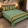 Green & Mustard Geometric Stripe & Chevron Pure Cotton King Size Bedsheet