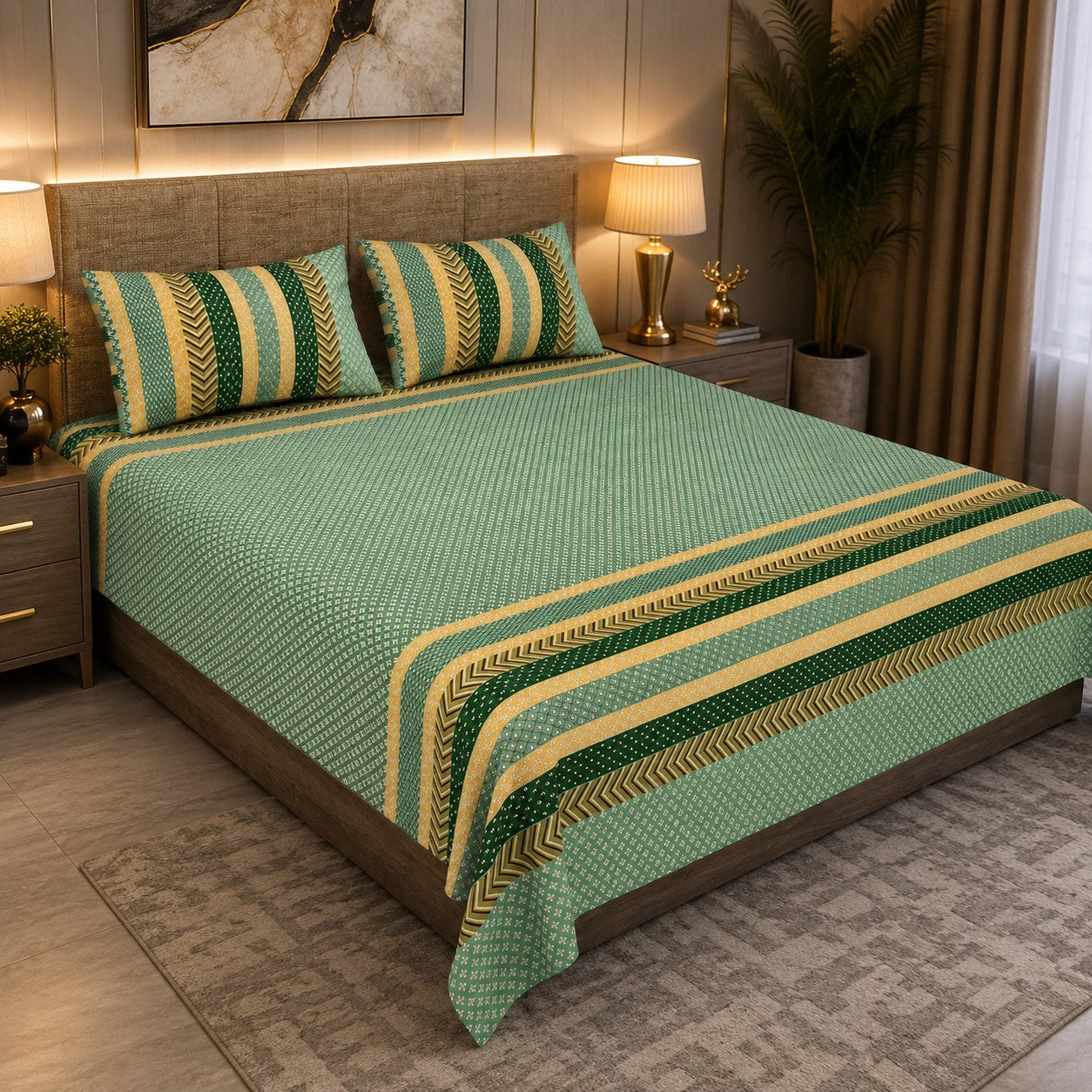 Green & Mustard Geometric Stripe & Chevron Pure Cotton King Size Bedsheet