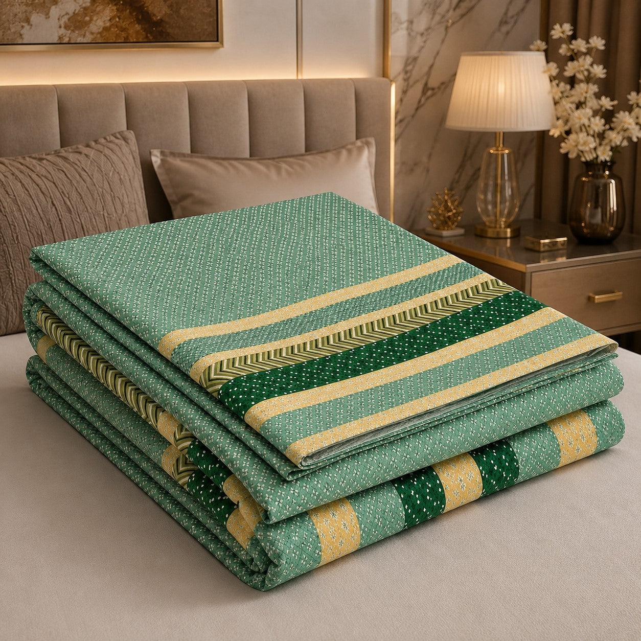 Green & Mustard Geometric Stripe & Chevron Pure Cotton King Size Bedsheet