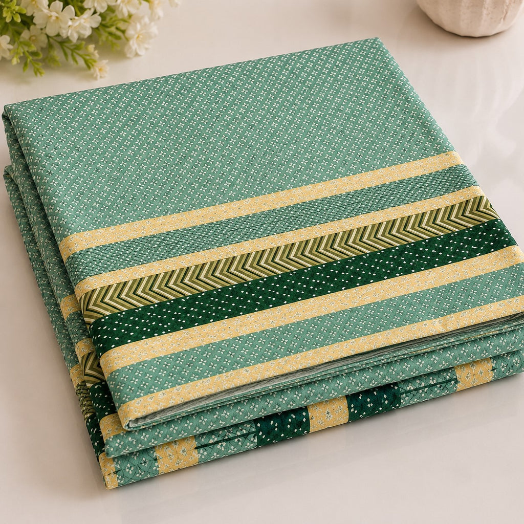 Green & Mustard Geometric Stripe & Chevron Pure Cotton King Size Bedsheet