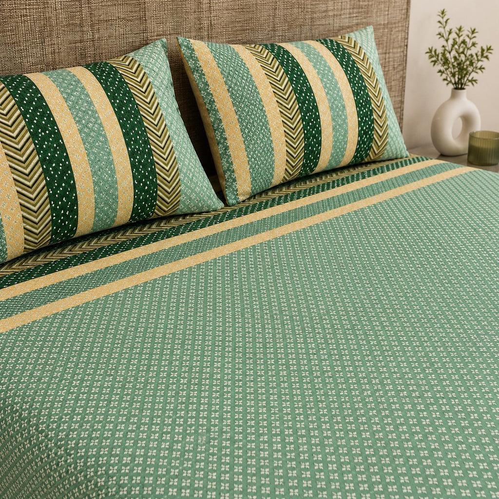 Green & Mustard Geometric Stripe & Chevron Pure Cotton King Size Bedsheet