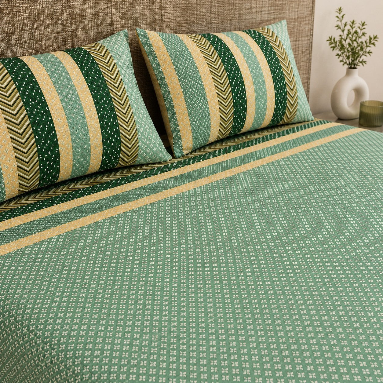 Green & Mustard Geometric Stripe & Chevron Pure Cotton King Size Bedsheet
