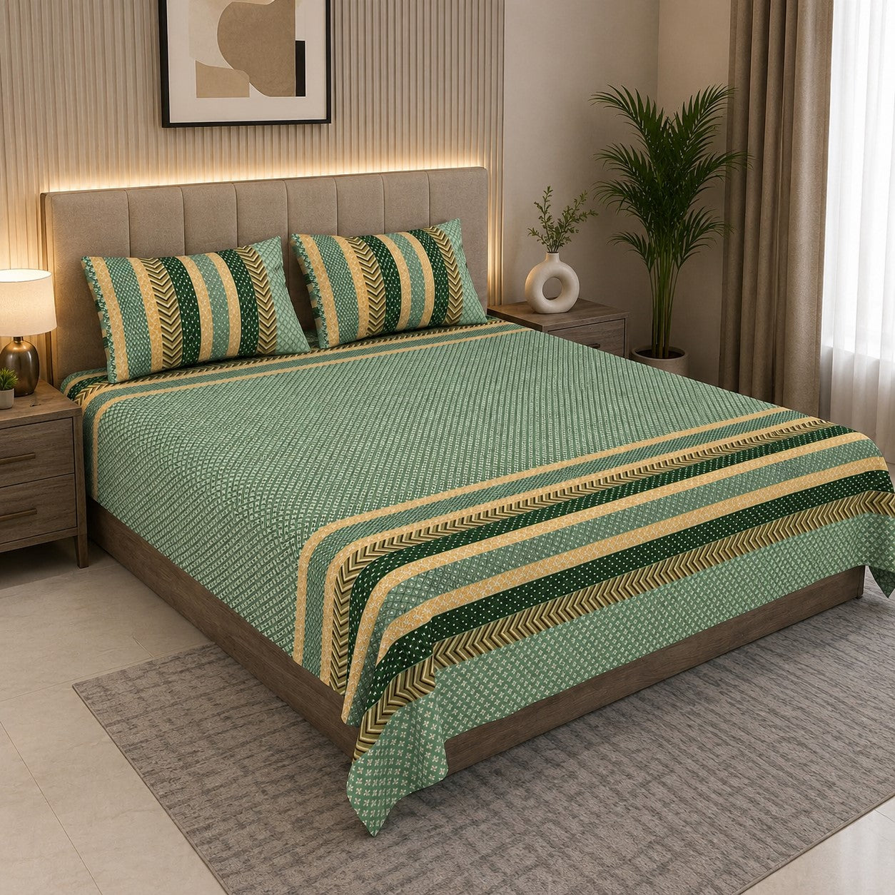 Green & Mustard Geometric Stripe & Chevron Pure Cotton King Size Bedsheet