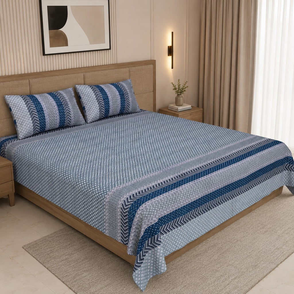 Grey & Blue Geometric Stripe & Chevron Pure Cotton King Size Bedsheet