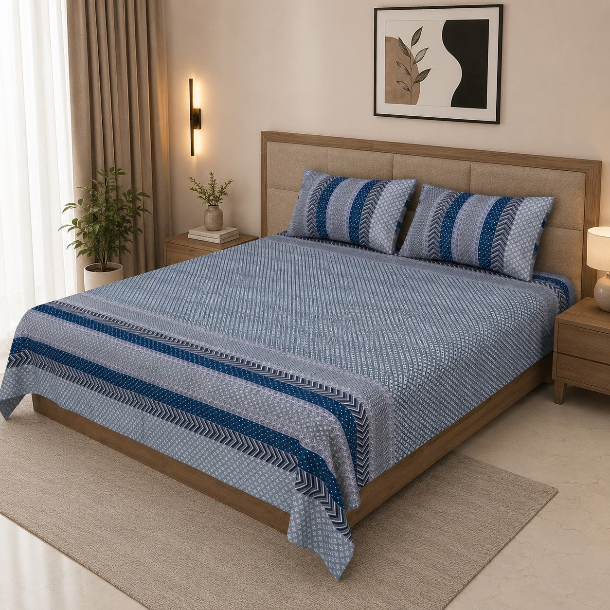 Grey & Blue Geometric Stripe & Chevron Pure Cotton King Size Bedsheet