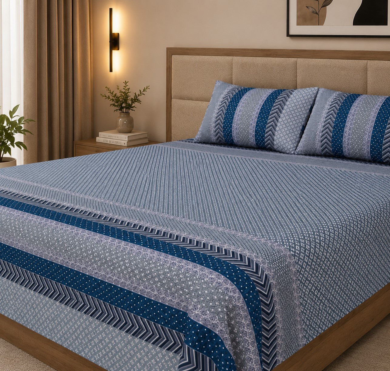 Grey & Blue Geometric Stripe & Chevron Pure Cotton King Size Bedsheet