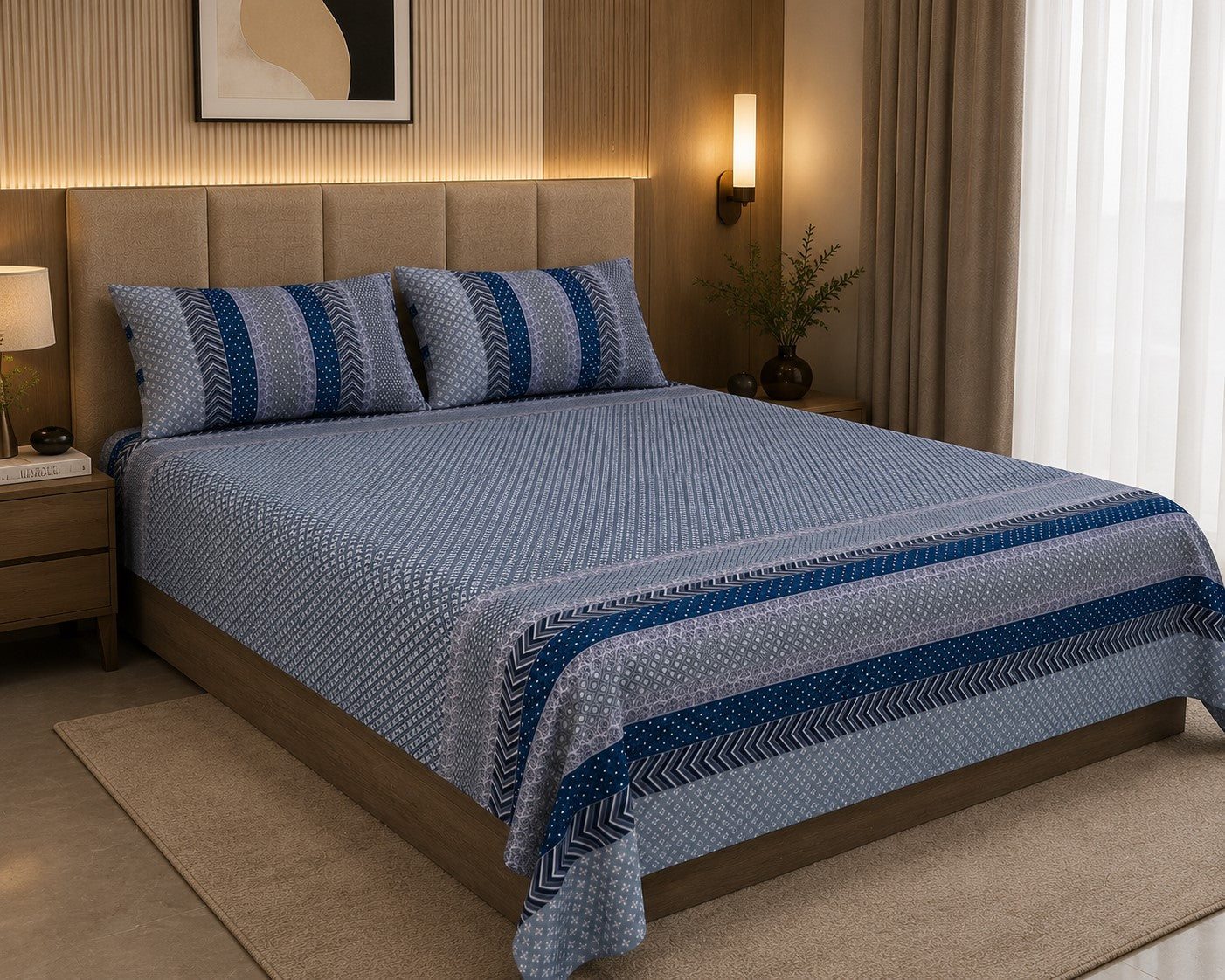 Grey & Blue Geometric Stripe & Chevron Pure Cotton King Size Bedsheet