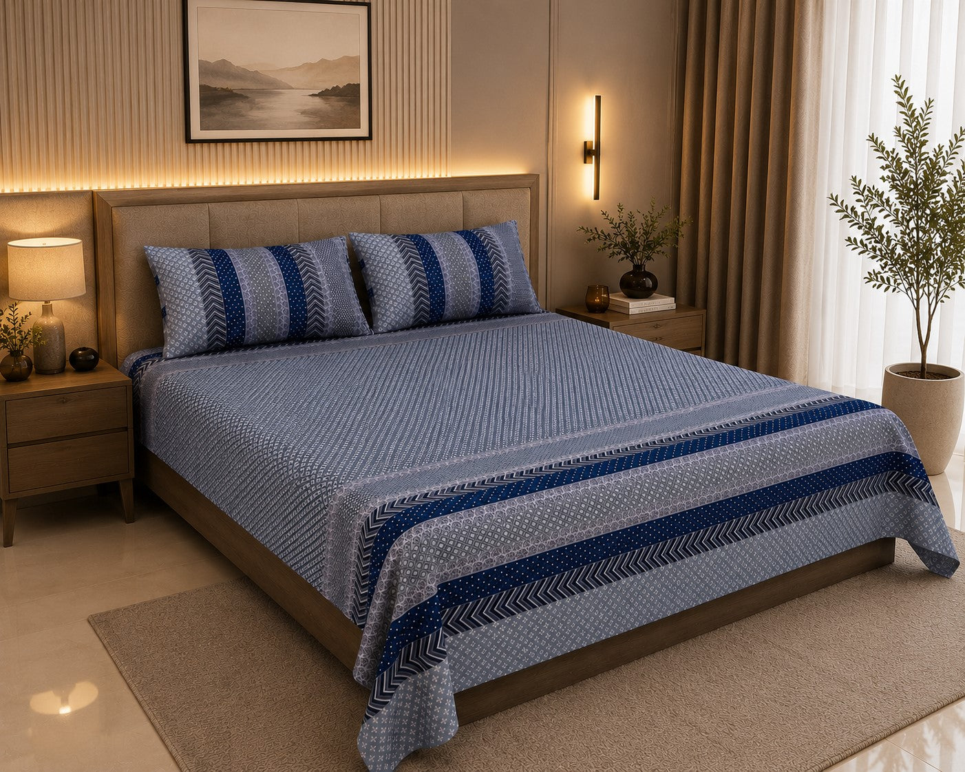 Grey & Blue Geometric Stripe & Chevron Pure Cotton King Size Bedsheet