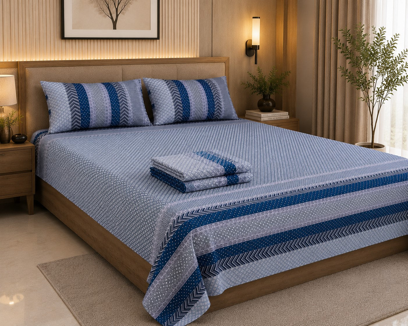 Grey & Blue Geometric Stripe & Chevron Pure Cotton King Size Bedsheet