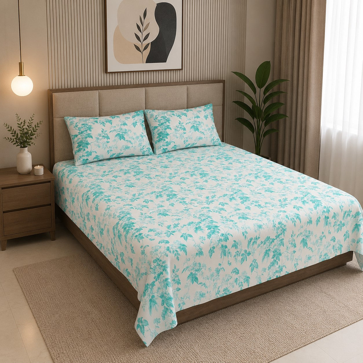 Aqua Leafy Vine Floral Pure Cotton King Size Bedsheet | Soft & Breathable | With 2 Pillow Covers