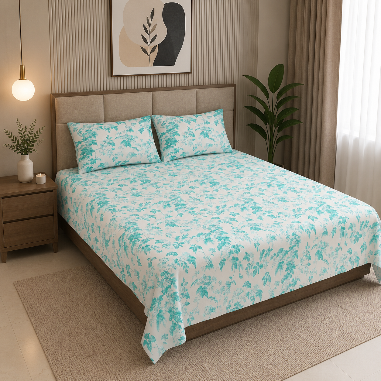 Aqua Leafy Vine Floral Pure Cotton King Size Bedsheet | Soft & Breathable | With 2 Pillow Covers