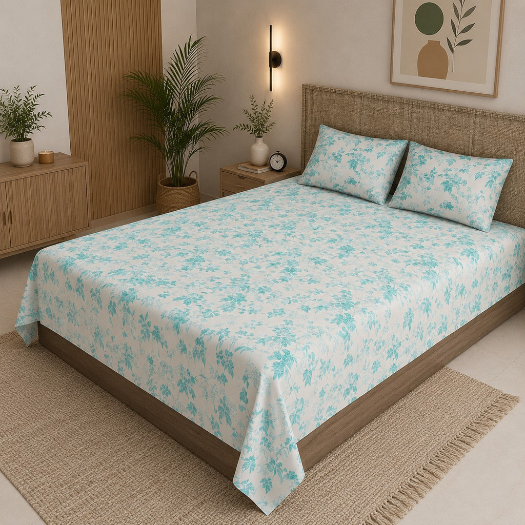Aqua Leafy Vine Floral Pure Cotton King Size Bedsheet | Soft & Breathable | With 2 Pillow Covers