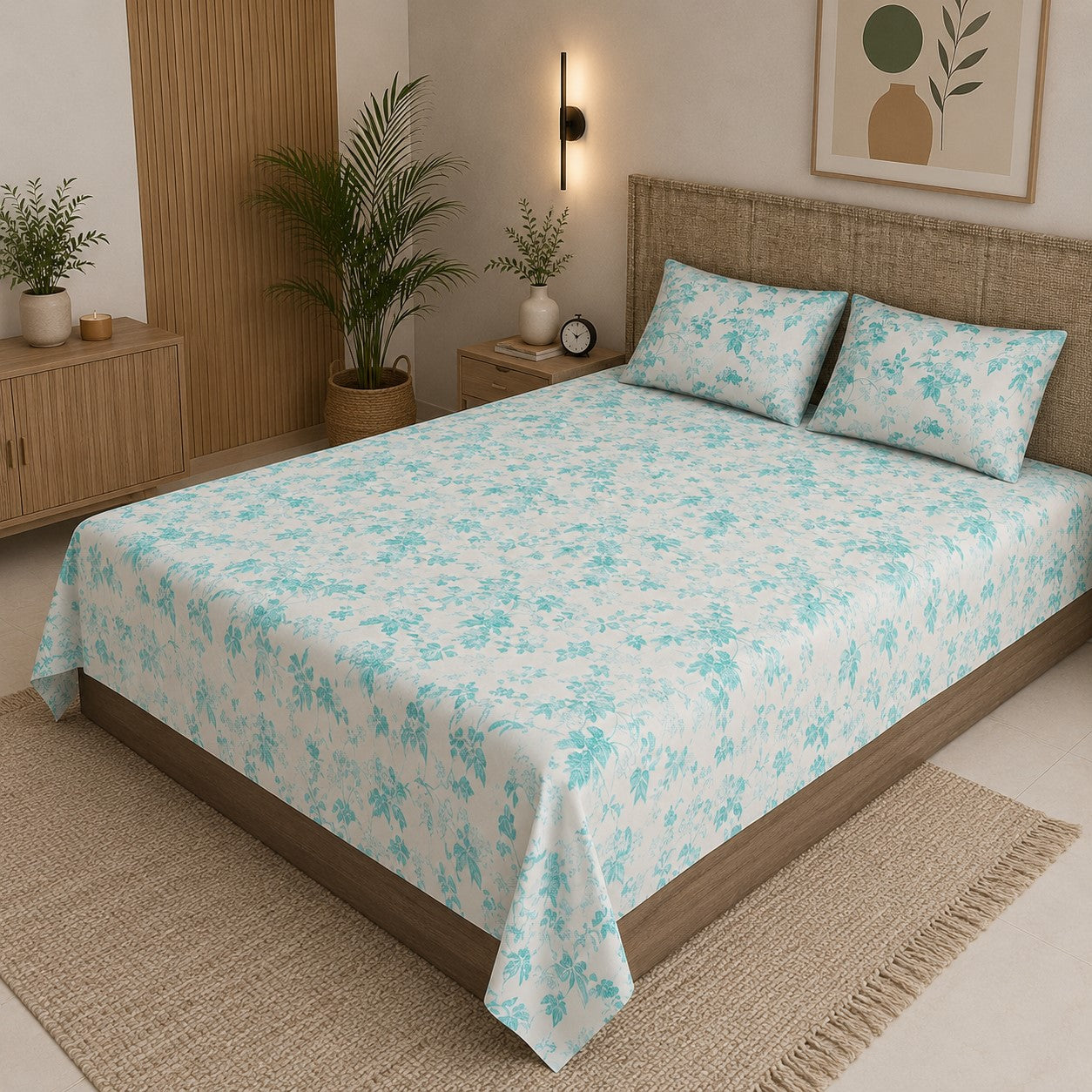 Aqua Leafy Vine Floral Pure Cotton King Size Bedsheet | Soft & Breathable | With 2 Pillow Covers