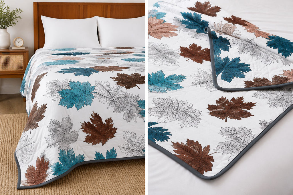 Maple Leaf MultiColor Double Bed Dohar Blanket | 100% MulMul Cotton | Reversible | 240x216 cm