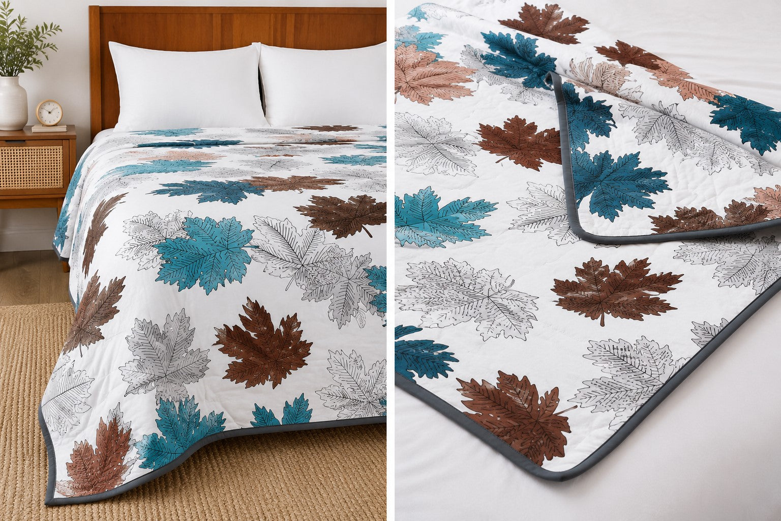 Maple Leaf MultiColor Double Bed Dohar Blanket | 100% MulMul Cotton | Reversible | 240x216 cm
