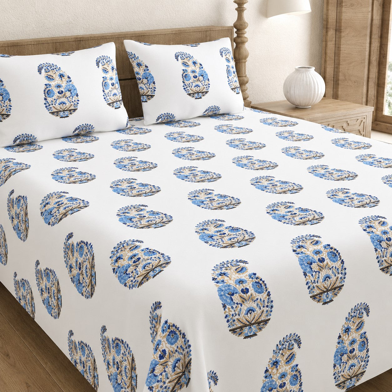Floral Blue Indian Kairi Design Pinar Handblock Printed King Size Bedsheet | 240 TC 100% Cotton | Set of 3