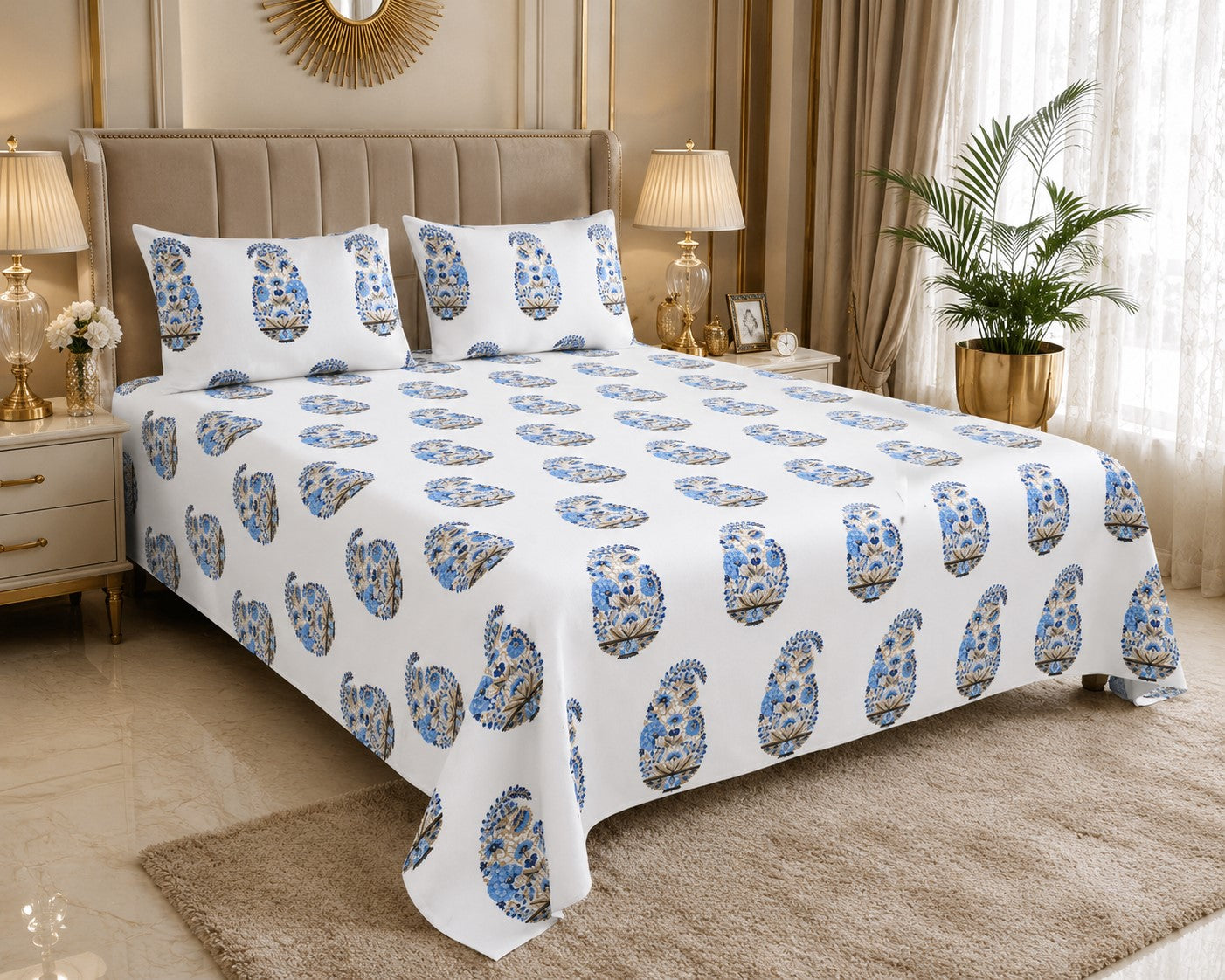 Floral Blue Indian Kairi Design Pinar Handblock Printed King Size Bedsheet | 240 TC 100% Cotton | Set of 3