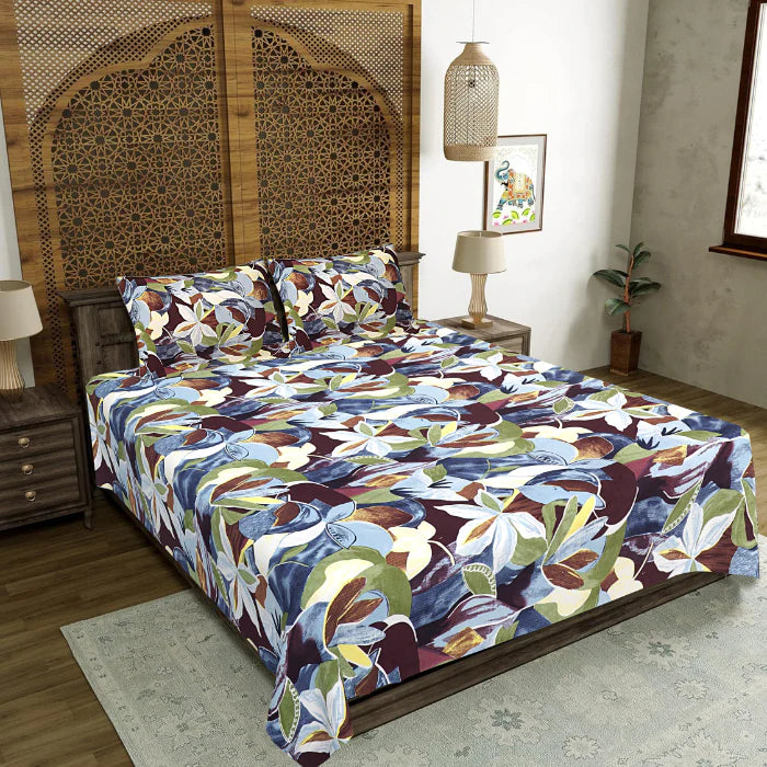 MVB Flora Essence Concept Double Bedsheet Set | 160 TC Poly Cotton | 2 Pillow Covers