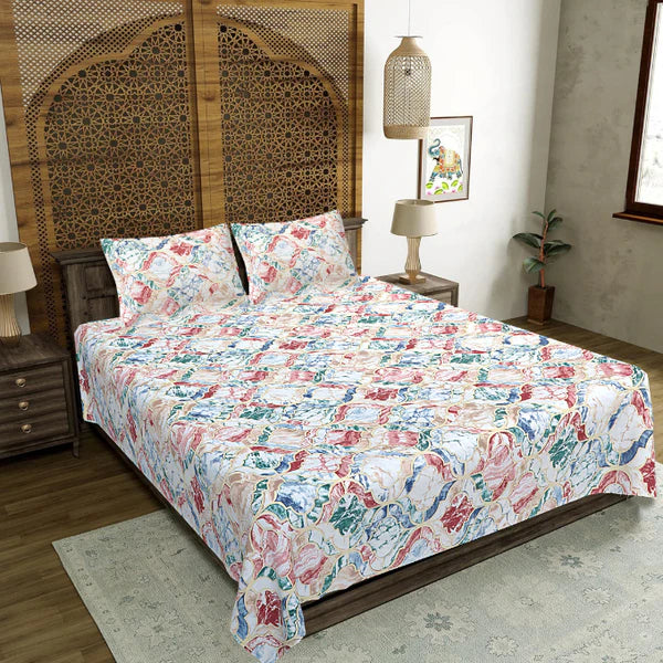 Royal Mosaic Swirl Double Bedsheet | Premium Multicolour Floral Cotton Bedsheet with 2 Pillow Covers