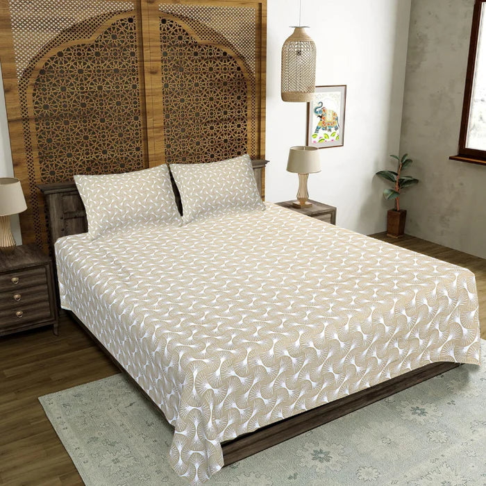 Ivory Fan Leaf Symmetry Double Bedsheet | Elegant Beige Botanical Print