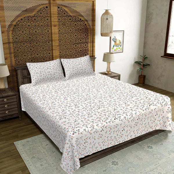 Nocturnal Vernal Petals Double Bedsheet | Premium Floral Cotton Bedsheet with 2 Pillow Covers