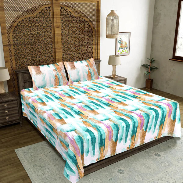 MVB Aquamarine Painted Vista Double Bedsheet | Abstract Brush Print | 160TC Poly Cotton | With 2 Pillow Covers