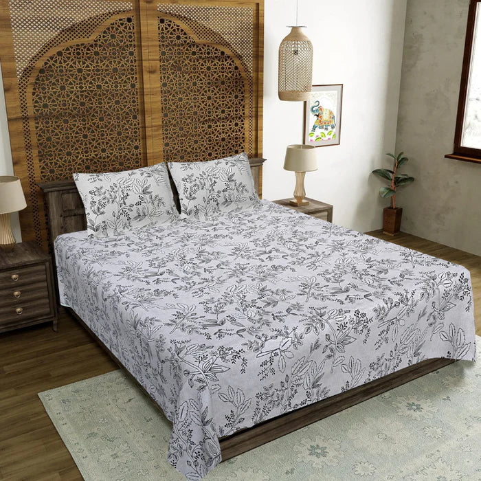 Ink Twilight Flora Double Bedsheet | Premium Botanical Cotton Bedsheet with 2 Pillow Covers