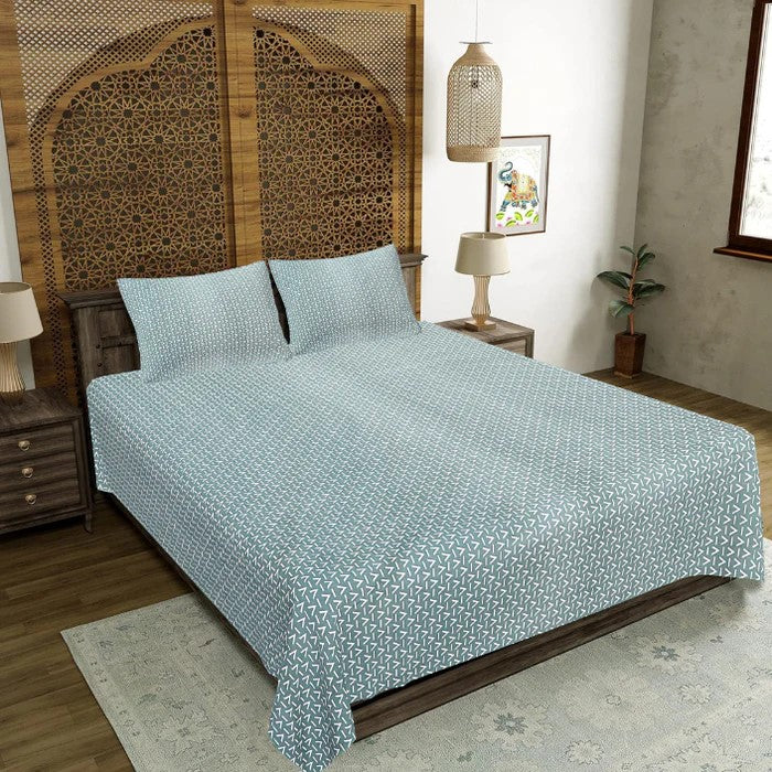 Aqua Serenity Leaf Double Bedsheet | 160 TC Poly Cotton | 2 Pillow Covers