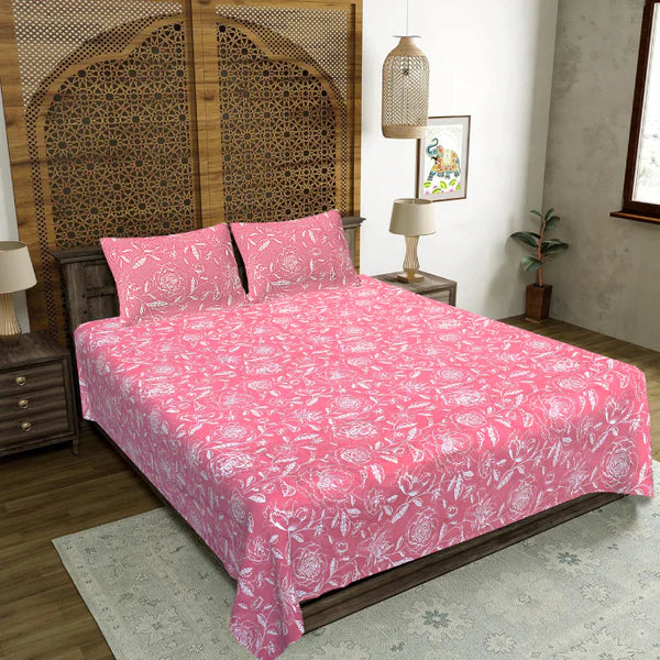 Pink Floral Double Bedsheet Set with 2 Pillow Covers | 160 TC Soft Poly Cotton