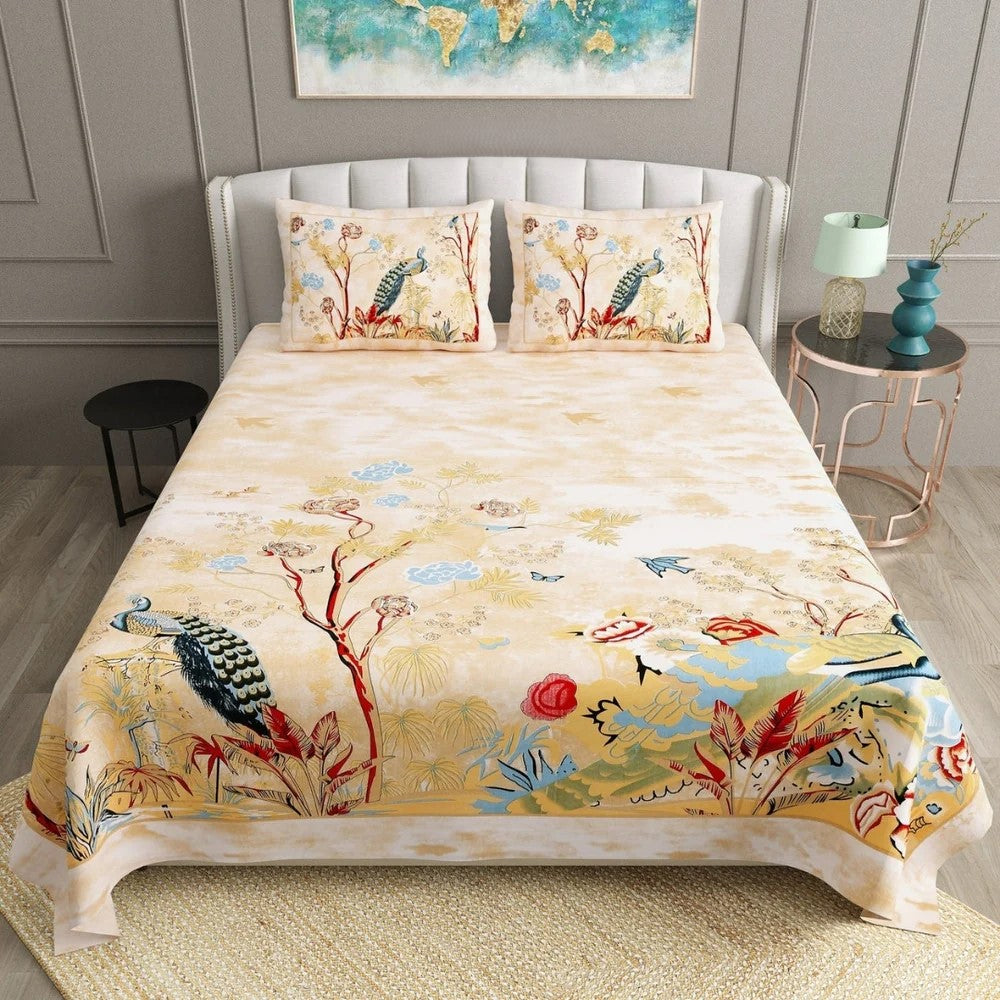 Mayur Mahal Peacock Print Double Bedsheet Set – Sunehri Beige | 100% Cotton | 180 TC | With 2 Pillow Covers