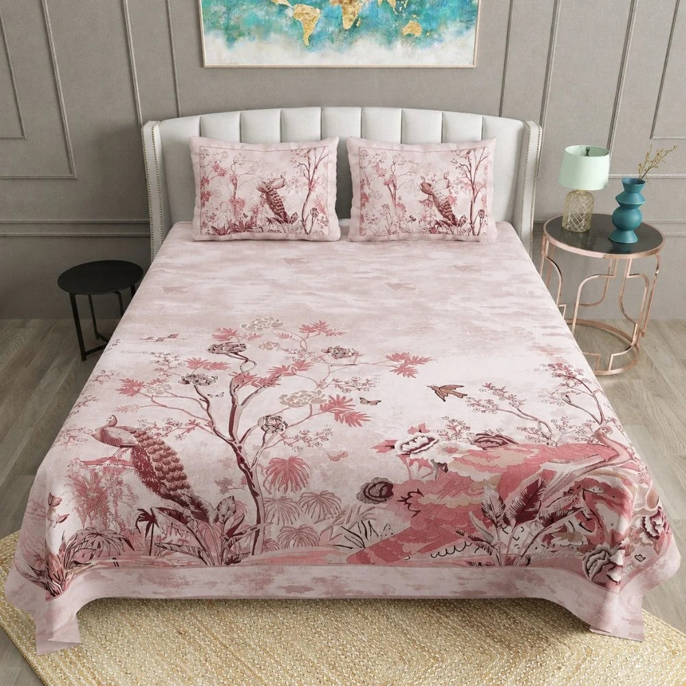 Mayur Mahal Peacock Print Double Bedsheet Set – Gulabi Rose | 100% Cotton | 180 TC | With 2 Pillow Covers