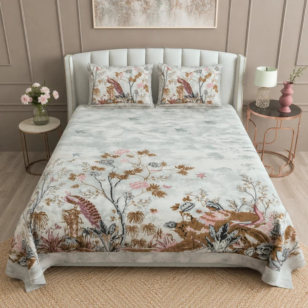 Mayur Mahal Peacock Pearl Grey Double Bedsheet | 180 TC 100% Pure Cotton