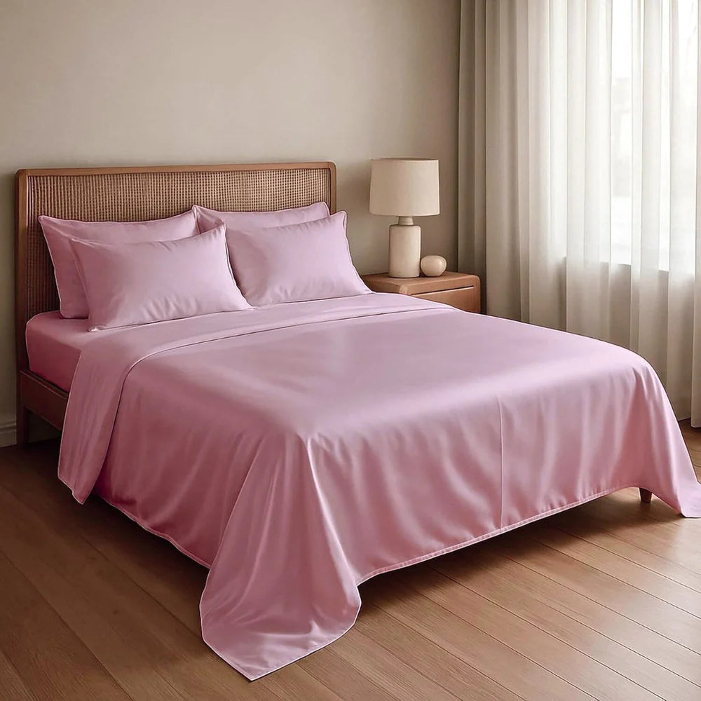 MVB Rose UltraSatin Silk Flat Double Bedsheet | Blush Pink | 1 Flat Sheet + 2 Pillow Covers