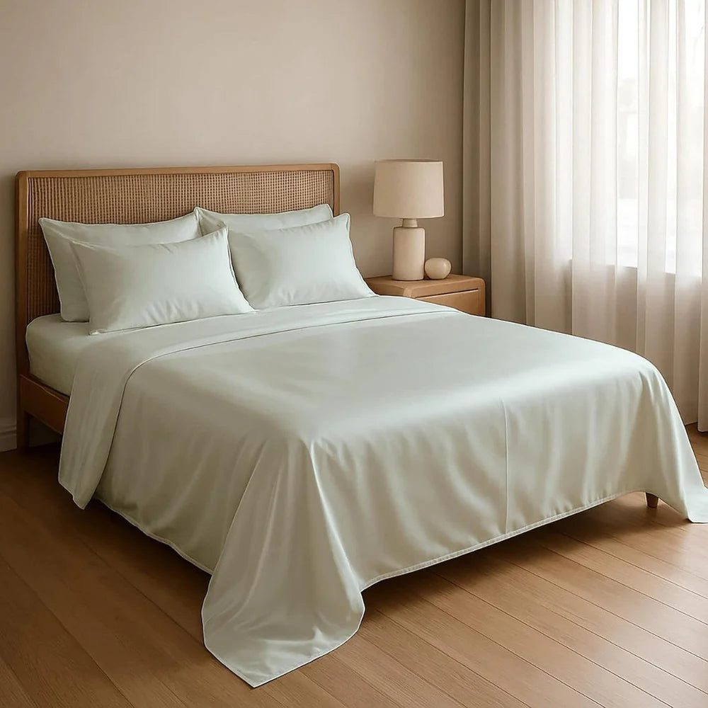 MVB UltraSatin Silk Flat Double Bedsheet | Beige Mint | 1 Flat Sheet + 2 Pillow Covers