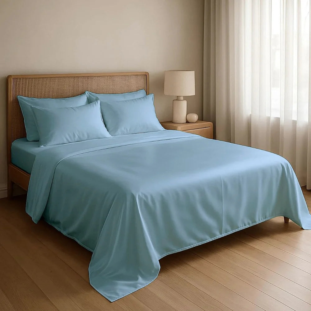 MVB Indus Twilight UltraSatin Silk Flat Double Bedsheet | Sky Blue | 1 Flat Sheet + 2 Pillow Covers
