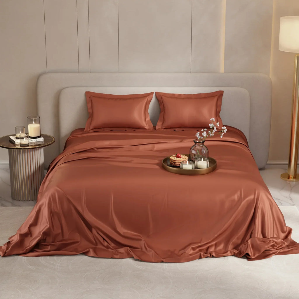 Rust Terracotta UltraSatin Double Flat Bedsheet - Bedroom View