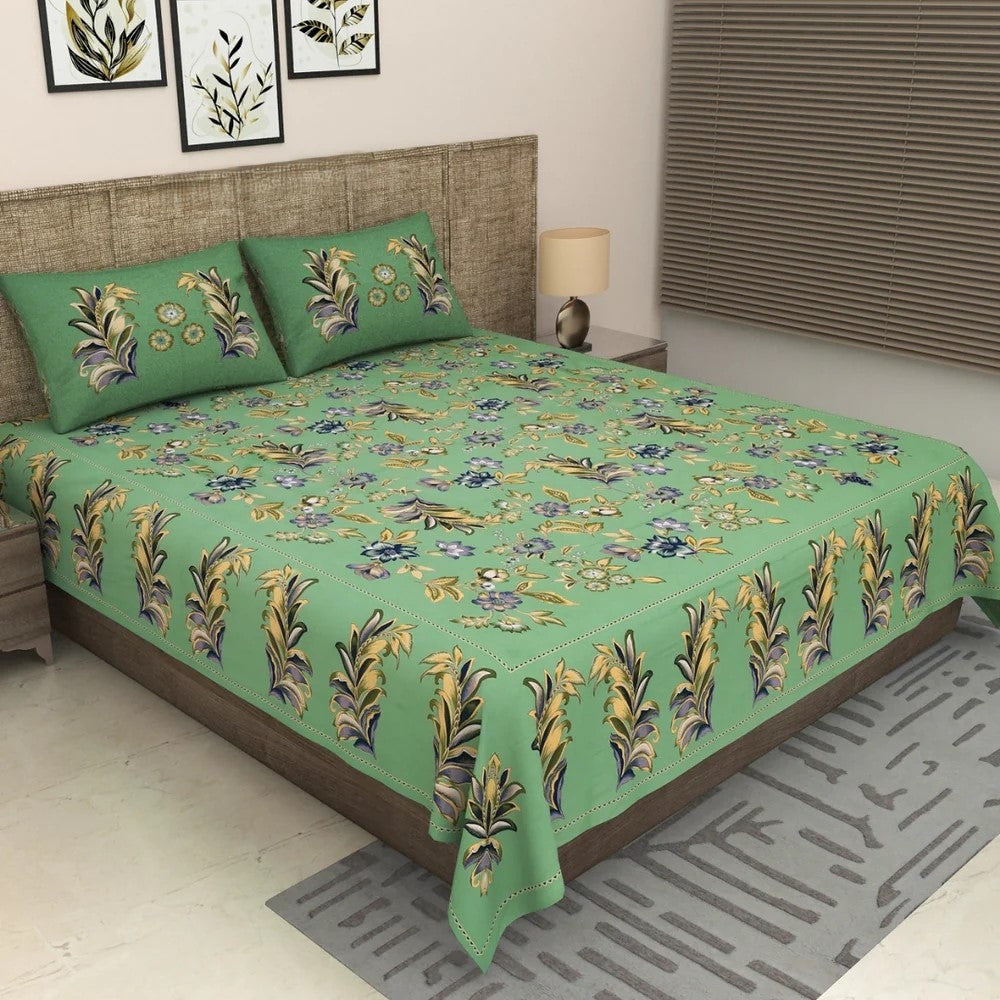 Leafy Green Majestic Fern Leaf Pure Cotton King Size Bedsheet with 2 Pillow Covers