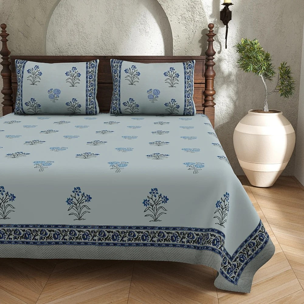 Powder Blue Indigo Floral Hand Block Print King Size Bedsheet | 400 TC 100% Pure Cotton