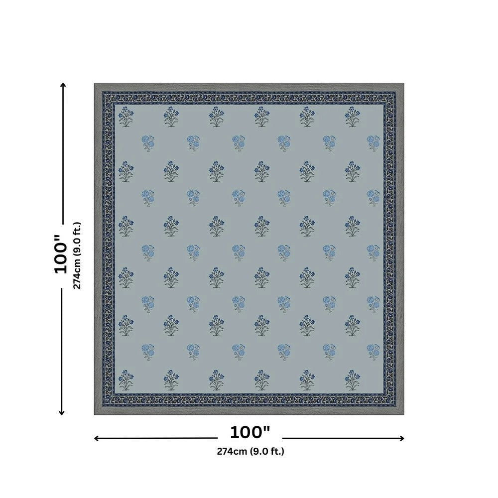 Powder Blue Indigo Floral Hand Block Print King Size Bedsheet | 400 TC 100% Pure Cotton
