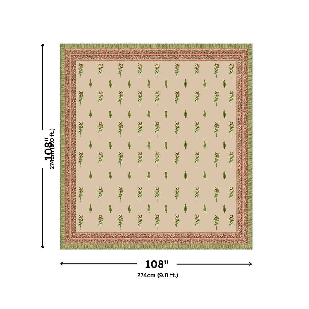 Warm Beige Base Pink & Green Botanical Hand Block Print King Size Bedsheet | 400 TC 100% Pure Cotton