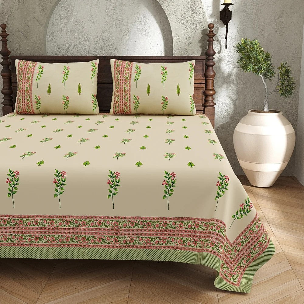 Warm Beige Base Pink & Green Botanical Hand Block Print King Size Bedsheet | 400 TC 100% Pure Cotton