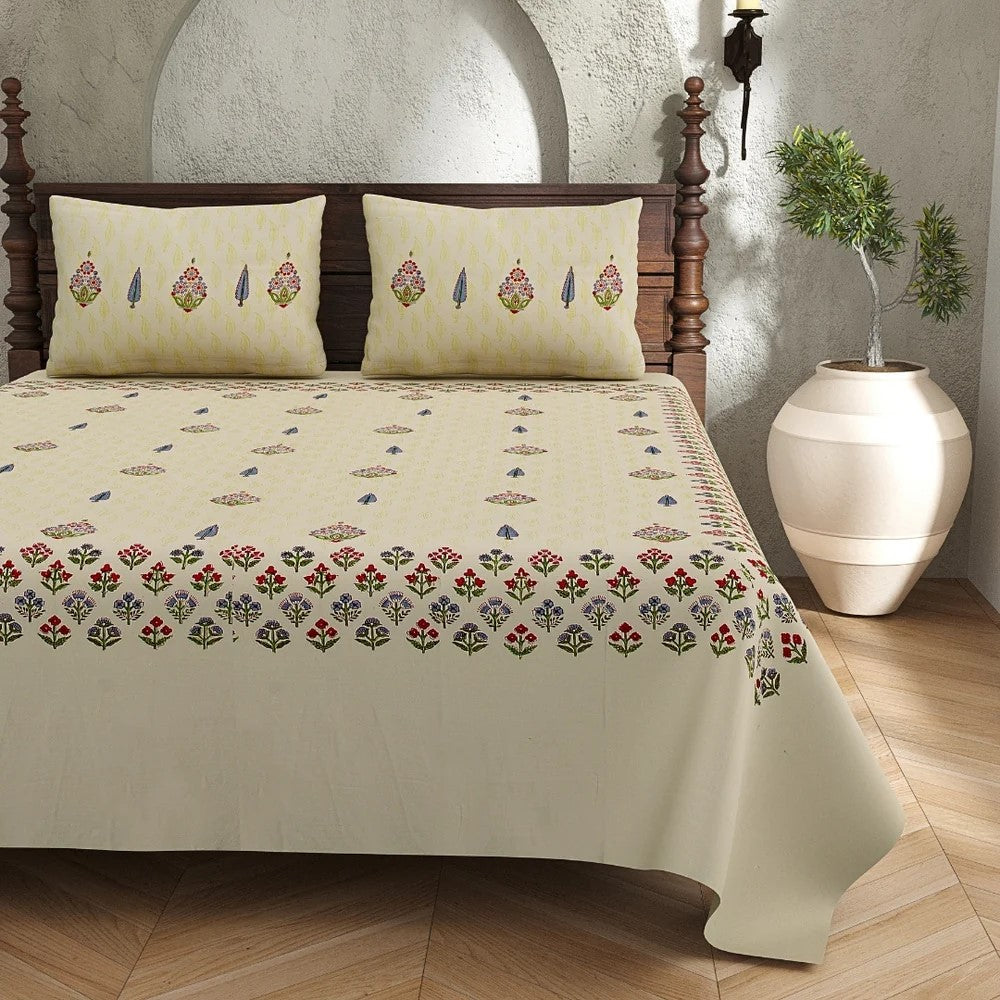 Cream Base Multi-Color Floral Motif Hand Block Print King Size Bedsheet | 100% Pure Cotton