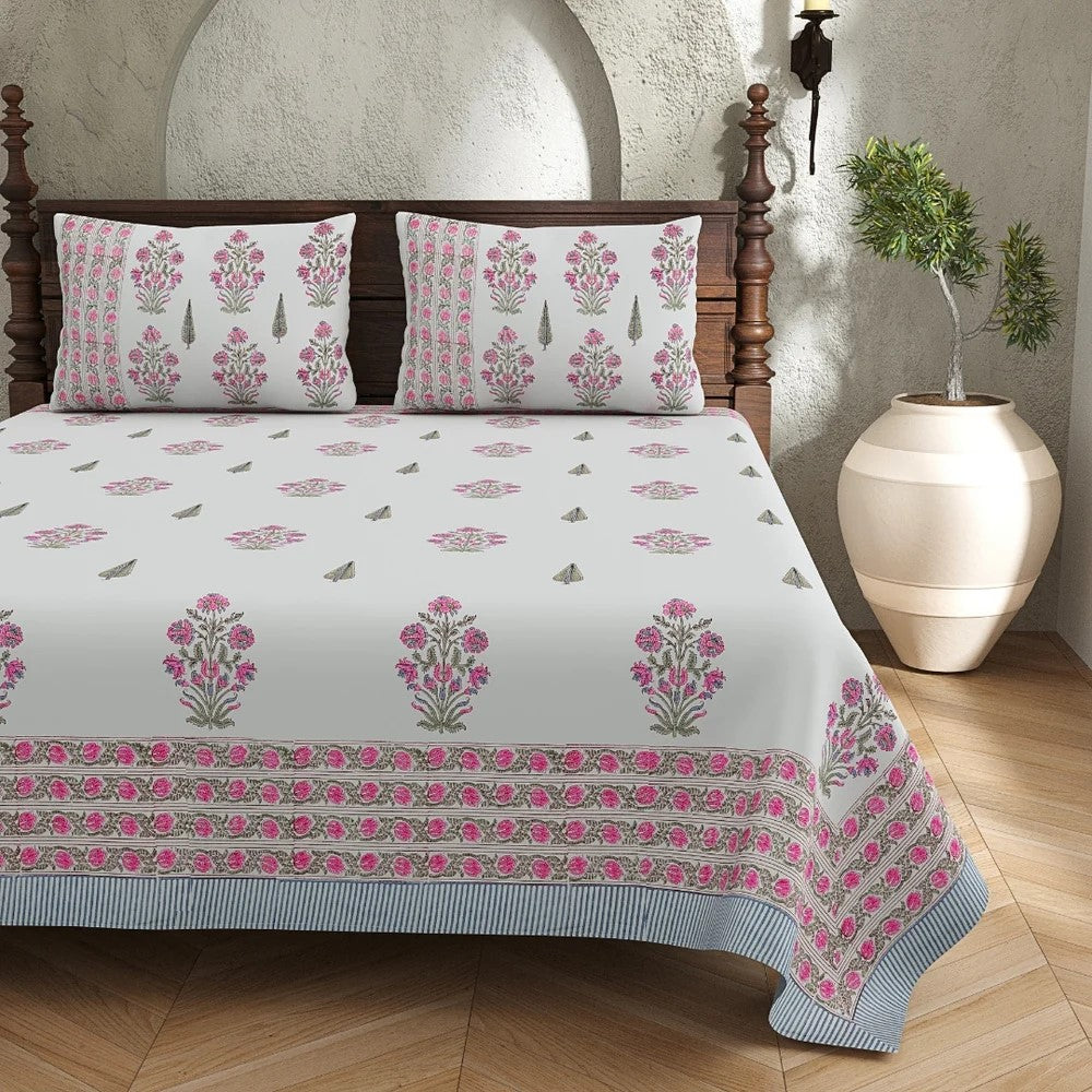 Ice Blue Base Magenta Floral Bouquet Hand Block Print King Size Bedsheet | 400 TC 100% Pure Cotton