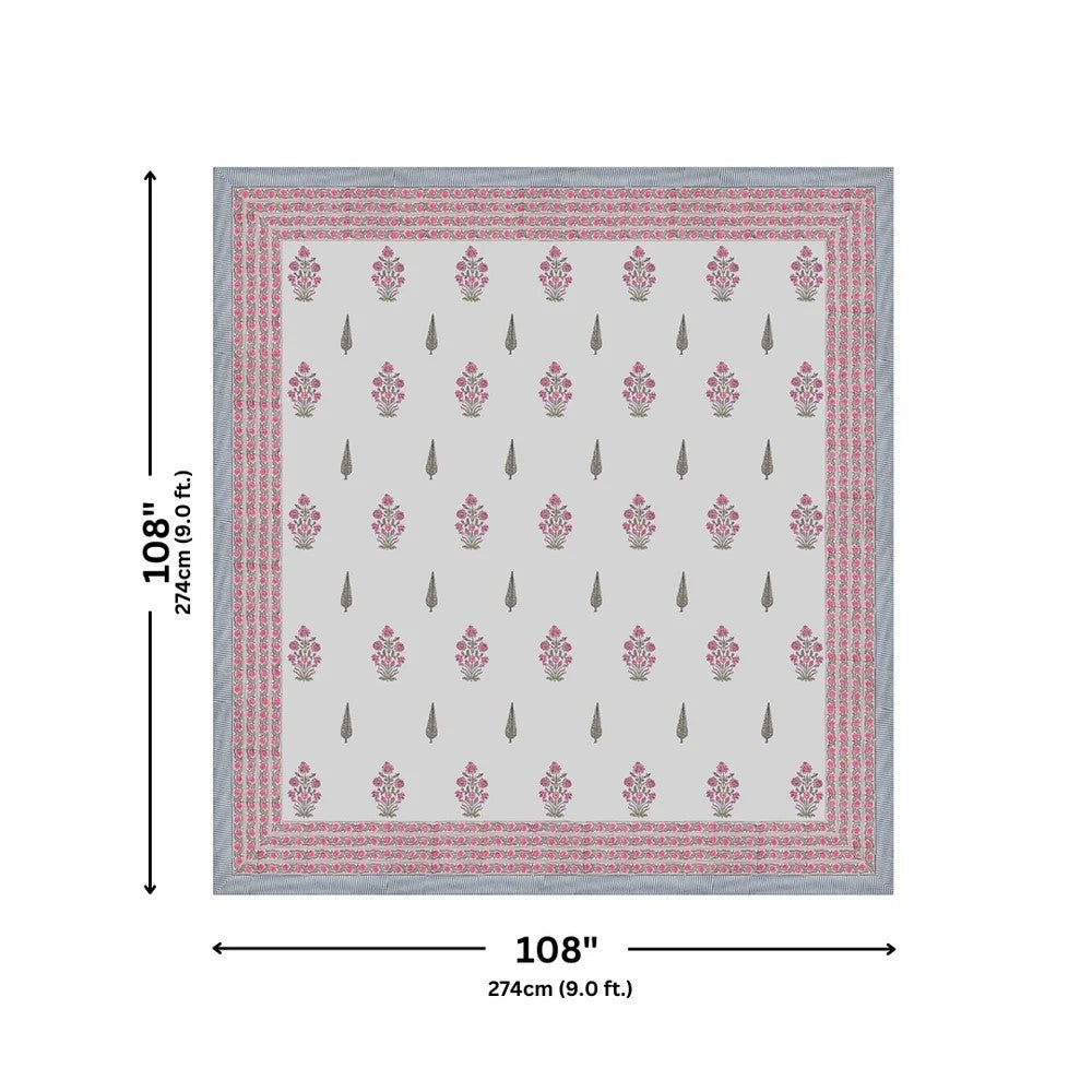 Ice Blue Base Magenta Floral Bouquet Hand Block Print King Size Bedsheet | 400 TC 100% Pure Cotton